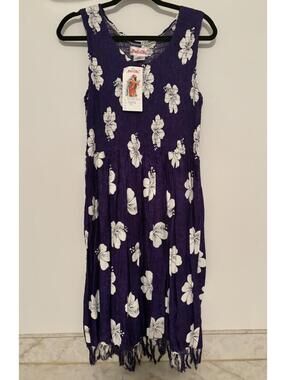 Vintage Y2K Bali Chic Boho Tropical Dress Purple Floral Smocked One Size NEW